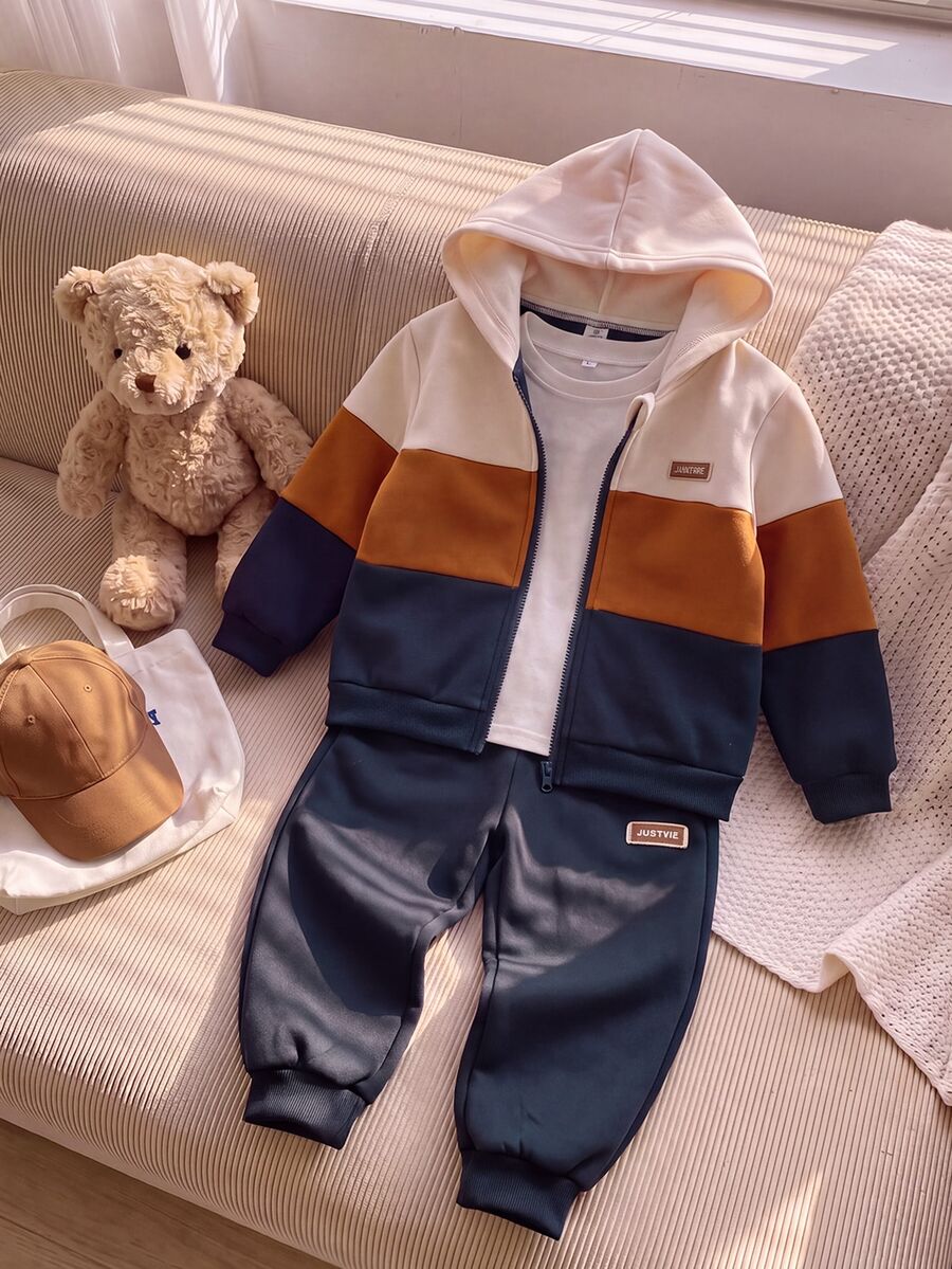 SHEIN Playful Pals 2件組幼童男童連帽外套＋長褲，學院風海軍藍與薑黃奶油色拼接，羅紋飾邊長袖連帽常規款，秋季校園慢跑舒適運動套裝 - 彩色 - 查看 1