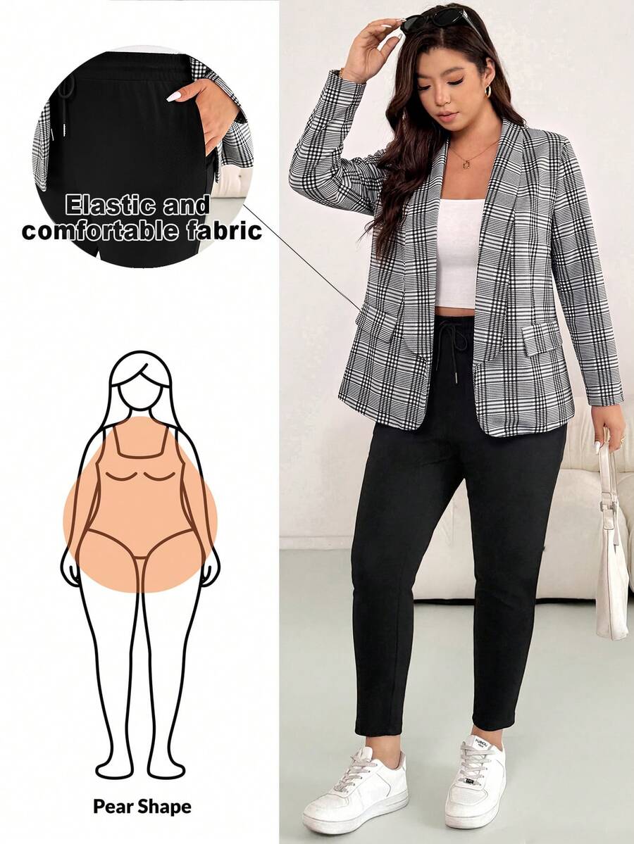Shapeblank 女款大尺碼秋冬兩件式套裝:時尚休閒、彈性舒適的黑白格紋西裝外套搭配黑色長褲,職場套裝 - 黑與白 - 查看 1