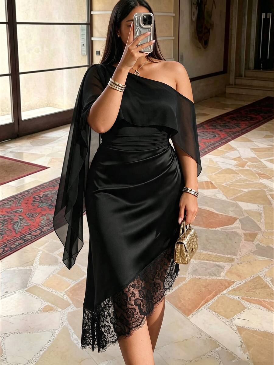 Cravure Plus Size Women Asymmetric Collar Cape Waist Cinched Ruched Lace Patchwork Elegant Party Dress - Black - View 1