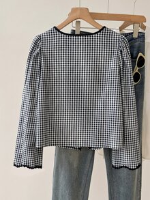 Muvela Women's Plaid Front Tie Puff Long Sleeve Casual Shirt - Black and White - View 2