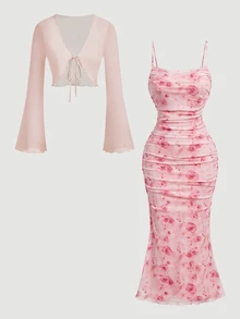 SHEIN MOD Women's Floral Print Camisole Dress And Cardigan Casual 2 Pieces Set - Baby Pink - View 1
