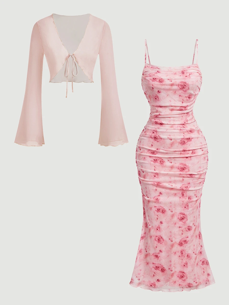 SHEIN MOD Women's Floral Print Camisole Dress And Cardigan Casual 2 Pieces Set - Baby Pink - View 1