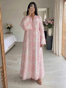 Yasmyna Women's Floral Embroidered Fabric Loose Casual Elegant Fashion Long Robe - Baby Pink - View 6