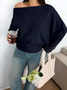 Sunnyshic Plus Size Sexy Off-Shoulder Solid Color Knit Sweater Fall - Navy Blue - View 4