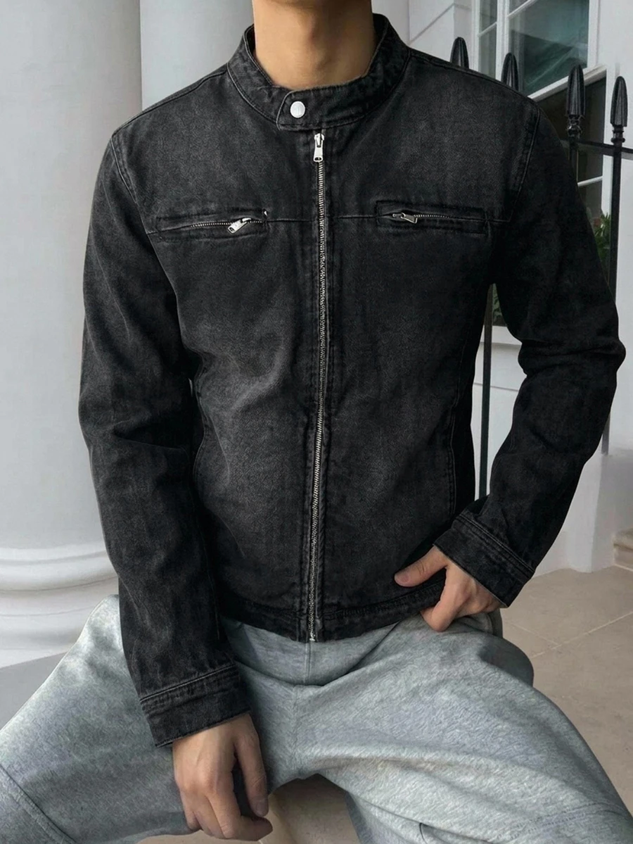 DAZY Spring/Autumn Black Washed Distressed Street Style Korean Fashion Men's Denim Jacket - Dark Grey - View 1