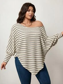 Enliva Plus Size Stripe Waffle Knit Long Sleeve Top Compatible With Apple Body Round Body - Brown - View 4