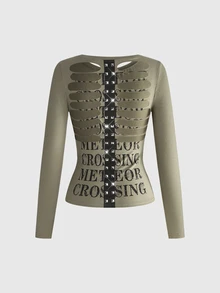 ROMWE Grunge Punk Street Sexy Backless Army Green Letter Print Women's T-Shirt - Army Green - View 1