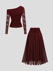 Sweetra Y2K Sexy Lace Patchwork Commuter Versatile College Casual Skirt 2 Pieces Set - Burgundy - View 2