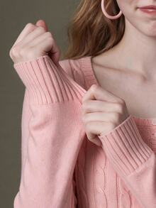 Elnivra Women's Button Half-Placket Long Sleeve Pocket Cable Knit Pullover Sweater - Pink - View 2