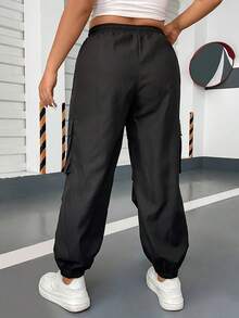 POPSWAY Plus Size Casual Solid Color Elastic Waist & Drawstring Cuffed Cargo Pants Fall Cloth For Women - Black - View 2