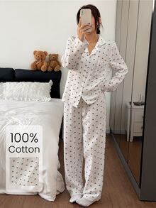 Napfluff Heart Print Lapel Long Sleeve Long Pants Pajama Set - Beige - View 3