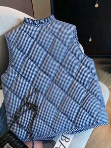 SHEIN Clasi 女款格紋休閒百搭冬季加厚棉墊背心 - 藍白色 - 查看 2