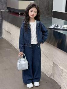 Dazy Kids Tween Girl Zip-Up Hoodie And Long Pants Casual Daily Denim Set - Dark Wash - View 2