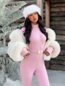 SHEIN EZwear Women's Solid Color Casual Daily Long Sleeve Jumpsuit - Pink - View 7