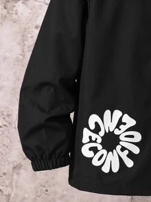 SHEIN 兒童男孩休閒字母圖案印花連帽外套，輕量寬鬆版型拉鍊連帽夾克，黑色秋季開學季冬季外套 - 彩色 - 查看 4