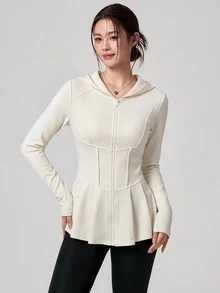 DAZY Women's Casual Minimalist Solid Color Zip-Up Hooded Ruffle Hem Slim Fit Sports Jacket - Beige - View 6