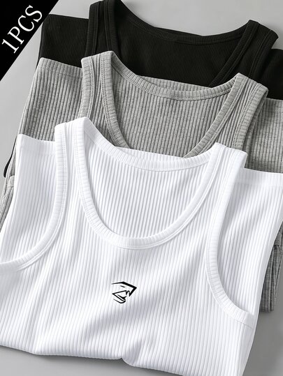Gym Rark 1pc Men's Summer Cartoon Print Ribbed Knit Comfortable Sports Tank Top Gym Workout White Graphic Athleisure