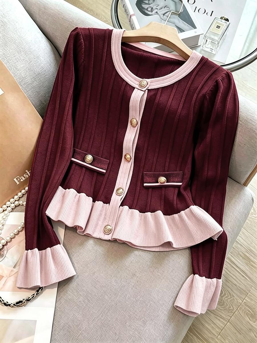 Franclia Women's Colorblock Casual Versatile Daily Wear Cardigan - Burgundy - View 1