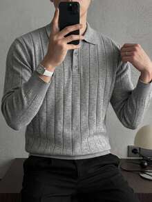 DAZY Men's Grey Polo Collar Ribbed Sweater, Autumn/Winter - Grey - View 3