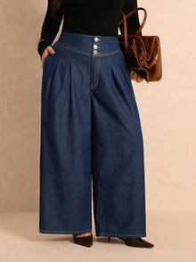 Elaquor Plus Size Women's Pleated Pocket Casual Daily Wide Leg Denim Jeans - Blue - View 1
