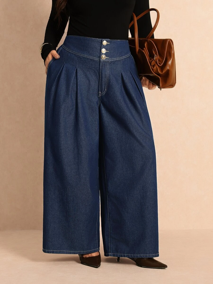Elaquor Plus Size Women's Pleated Pocket Casual Daily Wide Leg Denim Jeans - Blue - View 1