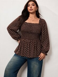 Enliva Plus Size Polka Dot Smocked Waist Blouse Compatible With Apple Body Round Body - Brown - View 3