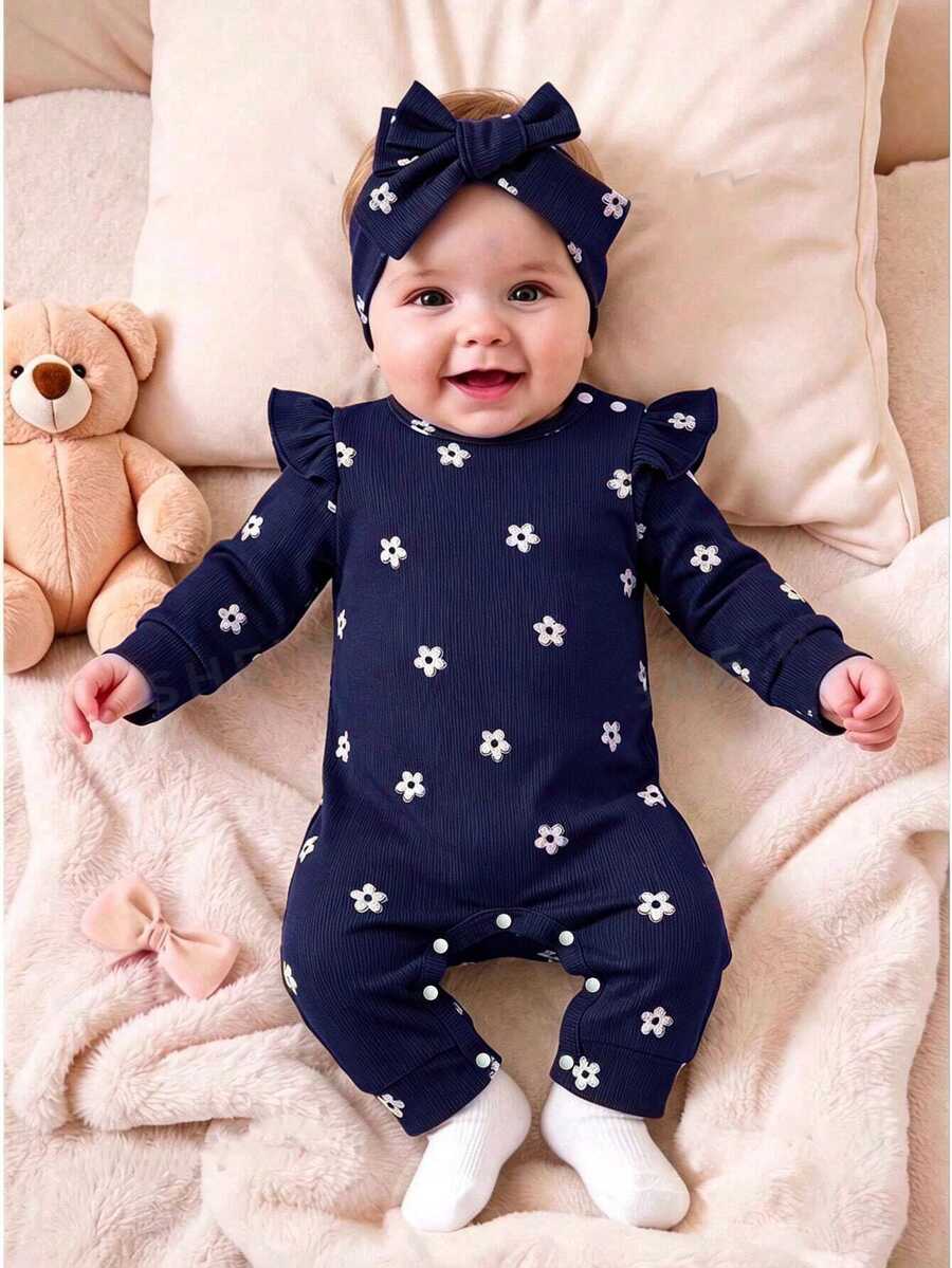SHEIN 2pcs Baby Girls Romper Jumpsuit Sweet Navy Blue Floral Print Ruffle Bow Ribbed Long Sleeve Round Neck Regular Birthday Fall Princess Ballet Outfit - Royal Blue - View 1