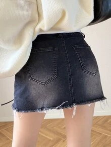 FRIFUL Women's Tie-Up Design Casual Daily Denim Mini Skirt - Blue - View 5
