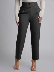 SHEIN PETITE Women's Solid Color Casual Versatile Daily Wear Long Pants - Dark Grey - View 6
