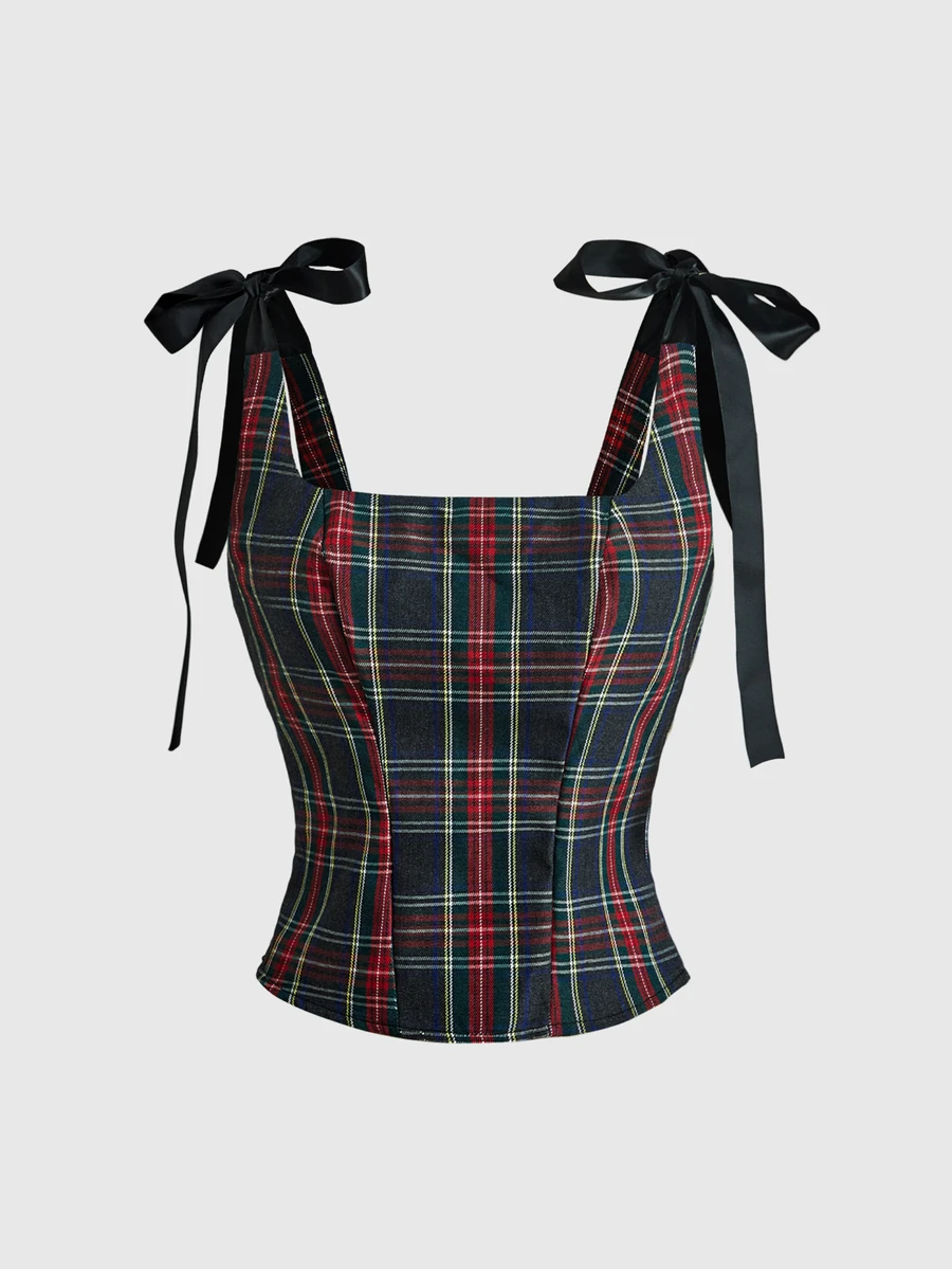 ROMWE Academia Spring/Summer Women's Bowknot Plaid Cute Retro Red & Black Color Block Tank Top - Burgundy - View 1