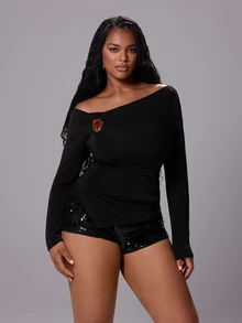 Rustia Plus Size Off-Shoulder Asymmetrical Ruched Metal Buckle Elegant Vintage Cute Holiday Party T-Shirt - Black - View 7