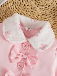 SHEIN 幼女可愛甜美粉色毛絨領結前襟百褶長袖翻領厚絨內裡冬季公主保暖夾克外套 - 粉色 - 查看 4