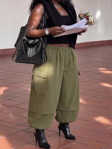 Slaydiva Plus Size Convertible Cargo Parachute Pants, Detachable Leg MultiPocket Baggy Streetwear Trousers - Army Green - View 9