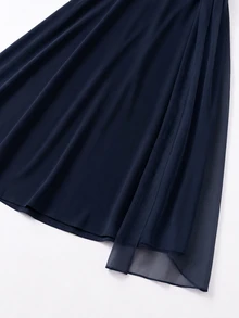 GlowEve CURVE Plus Size Round Neck Bowknot Pearl Decor Lantern Sleeve Chiffon Back Zipper Dress Wedding Formal Evening Light Blue Autumn Elegant Celestial Fall - Navy Blue - View 8