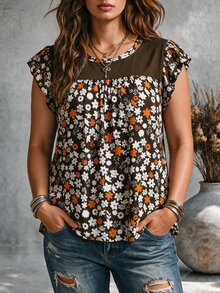 Ceyna 大尺碼女款法式休閒 Soft Form 優雅印花荷葉袖圓領T恤 藍白配色 夏季度假風 - 咖啡棕 - 查看 3