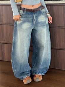 Dazy Plus Street Casual Distressed Vintage Washed Low Waist Blogger Style Long Denim Jeans Spring Autumn New - Blue - View 5