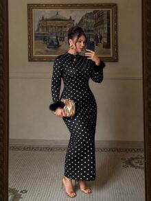 Cravure Plus Size Women's Autumn/Winter New Milk Silk Black Base Polka Dot Print Stand Collar Long Sleeve Feather Cuff Button Front Slit Long Mermaid Tail New Chinese Style Vintage Banquet Elegant Fashion Dress - Multicolor - View 3