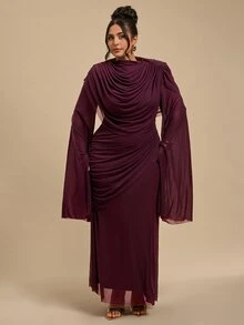 SHEIN BAE CURVE Đầm tay dài màu tím size lớn phong cách thanh lịch lãng mạn với độ rủ đẹp, phù hợp cho các dịp đặc biệt, đám cưới, tiệc tối và tiệc trang trọng mùa thu - Màu đỏ tím - Xem 7