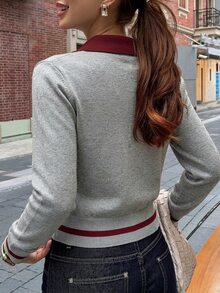 DAZY 女款優雅拼色套頭毛衣 - 灰色 - 查看 5