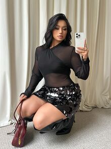 GalTyme Plus Size Sheer Sexy Criss-Cross Ruched Bodysuit - Black - View 2