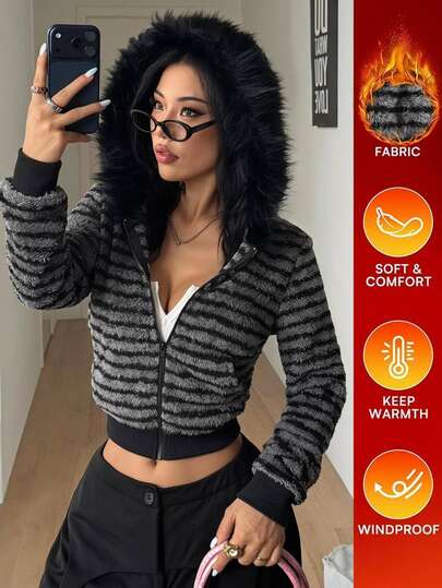 Coolane Women's Fall Winter Casual Streetwear Going Out Sporty Preppy Chic Warm Striped Zip Up Faux Fur Black Crop Long Sleeve Sweatshirt