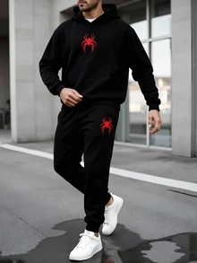 青少年男孩抓絨連帽衛衣運動服套裝 休閒冬季街頭風紅色蜘蛛圖案套裝 - 黑色 - 查看 1