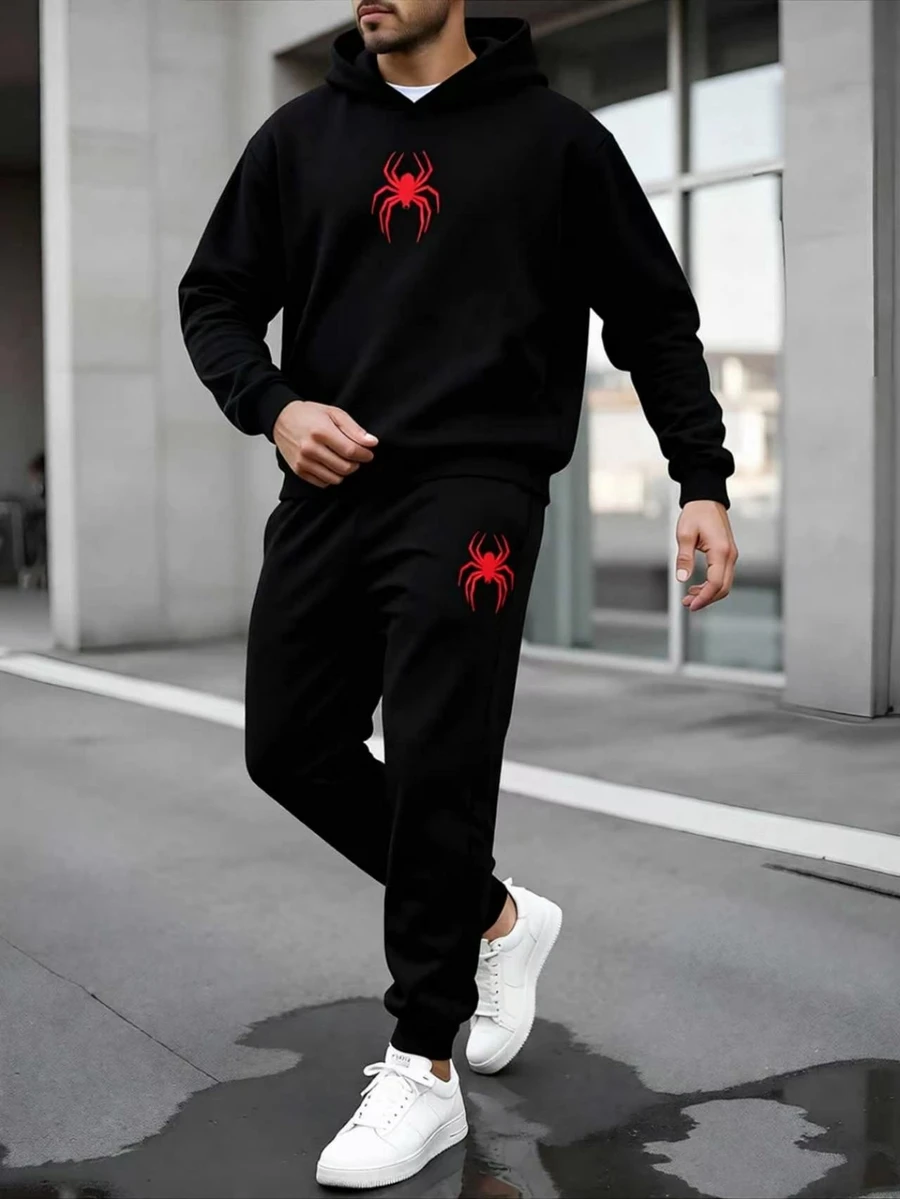 青少年男孩抓絨連帽衛衣運動服套裝 休閒冬季街頭風紅色蜘蛛圖案套裝 - 黑色 - 查看 1