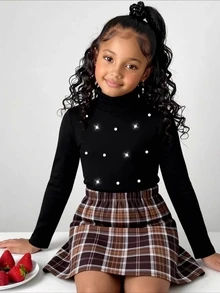 SHEIN Casuvi Kids 少女秋季彈性針織小高領上衣格紋裙套裝 2件式校園學院風服飾 - 棕色 - 查看 3