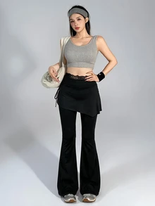 DAZY 秋季鏤空蕾絲飾邊拼接高腰黑色二合一裙褲 抓皺喇叭顯瘦健身寬鬆搖滾風女款運動底層健身褲 - 黑色 - 查看 4