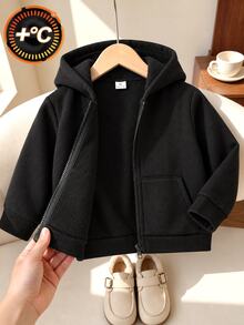 SHEIN Vacaura Boys' Casual Sports Jacket, Comfortable Material, Suitable For Boys To Wear In Winter. Hooded Design With Thick Padding, Providing Extra Cold Protection - Black - View 1