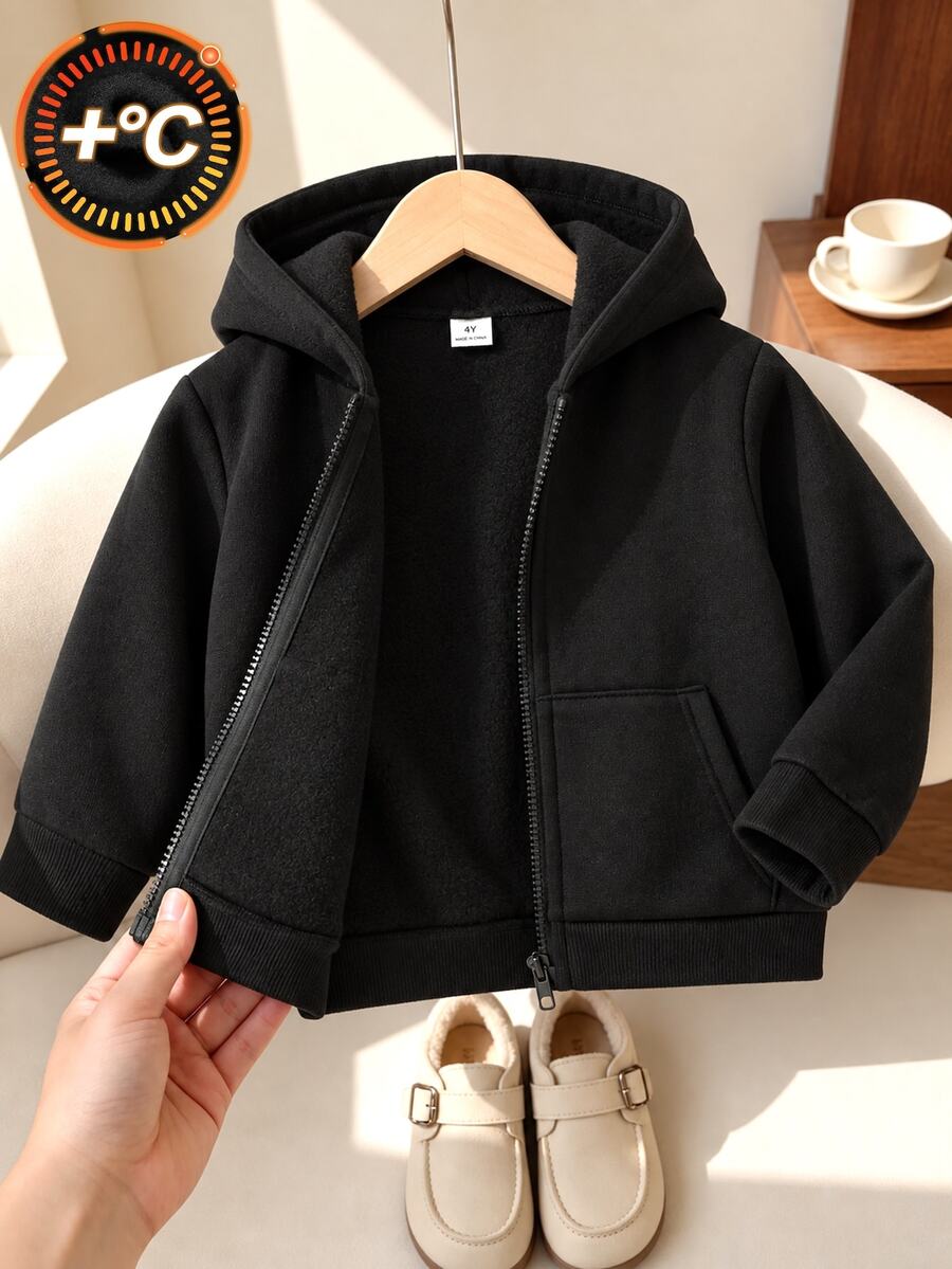 SHEIN Vacaura Boys' Casual Sports Jacket, Comfortable Material, Suitable For Boys To Wear In Winter. Hooded Design With Thick Padding, Providing Extra Cold Protection - Black - View 1