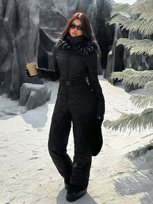 SHEIN EZwear 黑色前拉鍊拼接人造毛皮滑雪連帽休閒連身褲 - 黑色 - 查看 5