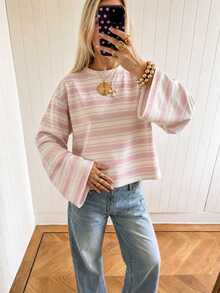 SHEIN EZwear Áo thun nữ tay dài vai trễ kẻ sọc màu hồng phong cách thường ngày - Hồng - Xem 4