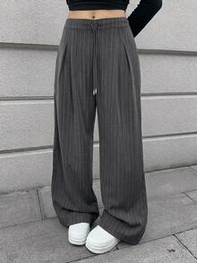 Dazy Plus Striped Loose Straight Leg Drawstring Decor Long Casual Business Plus Size Women's Suit Pants - Grey - View 3